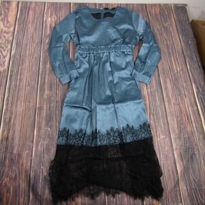 TOV Noir Dress Womens 38 Blue Maxi Long Sleeve Lace Hem Faux Leather OP1217